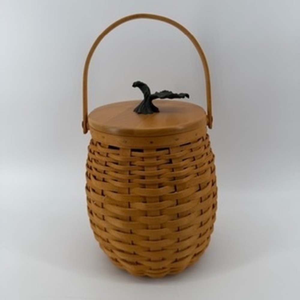Longaberger Woodcrafts Woven Barrel Basket with Wood Lid and Metal Leaf Handle